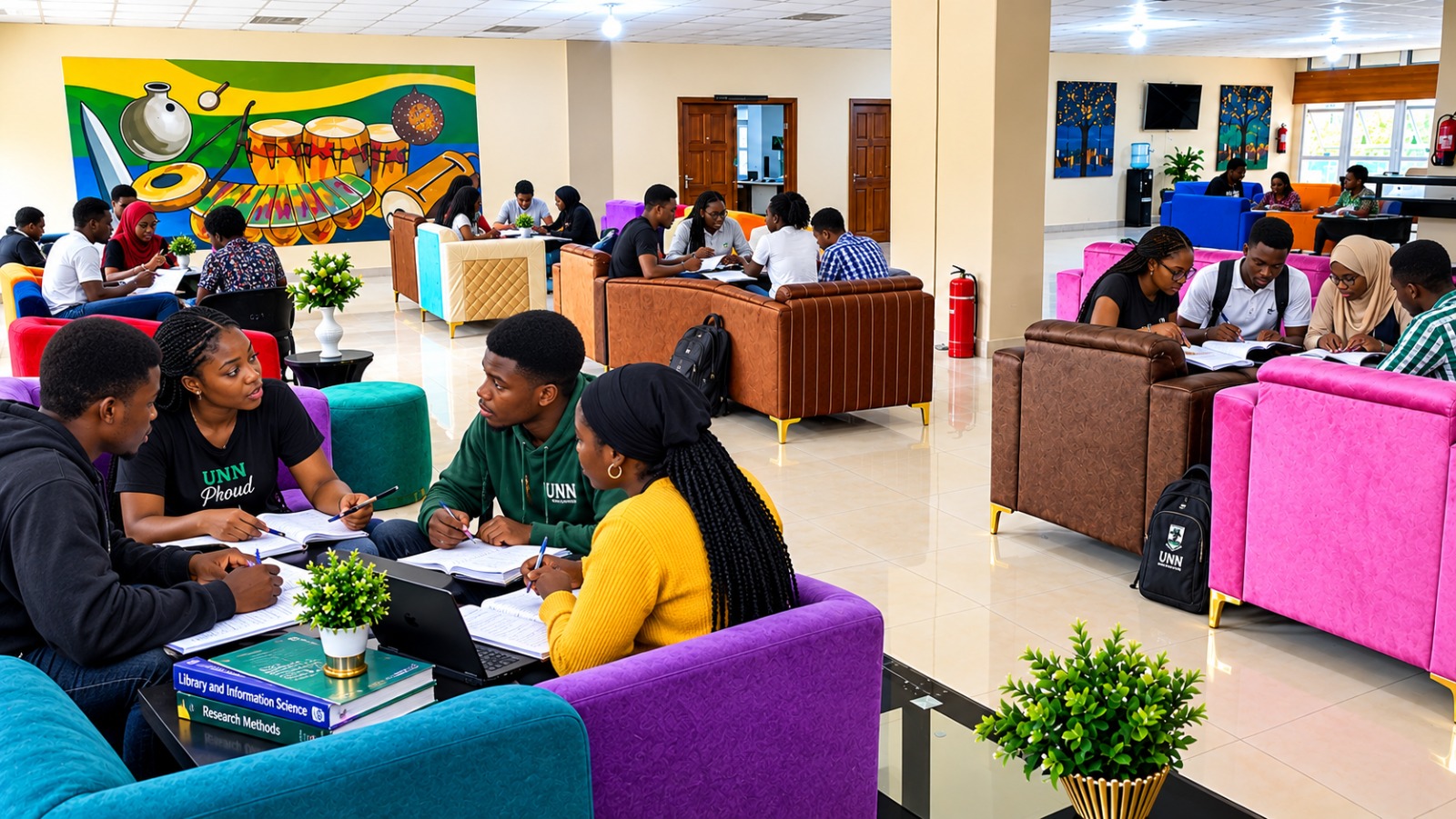 Students studying together in the UNN library lounge